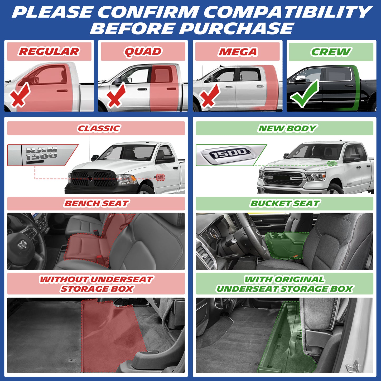 Michelin TPE floor mats, please confirm compatibility before purchase: available for Regular, Quad, Mega, and Crew cab types, Classic and New Body styles, Bench Seat and Bucket Seat options, with or without original underseat storage box.