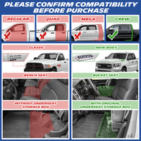 Michelin TPE floor mats, please confirm compatibility before purchase: available for Regular, Quad, Mega, and Crew cab types, Classic and New Body styles, Bench Seat and Bucket Seat options, with or without original underseat storage box.