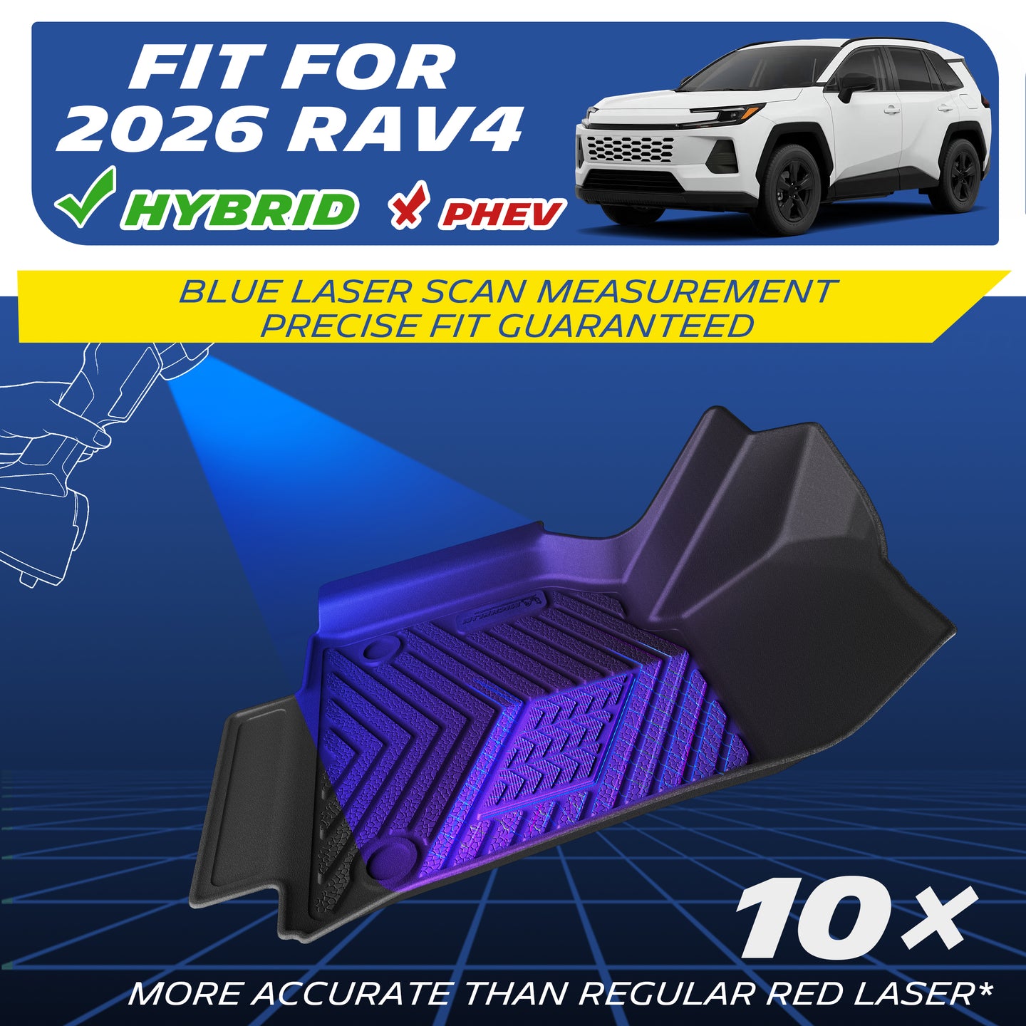 Michelin all-weather TPE floor mats, fits 2026 Toyota RAV4 Hybrid, blue laser scan measurement for precise fit, 10x more accurate than standard red laser, custom-fit guaranteed.