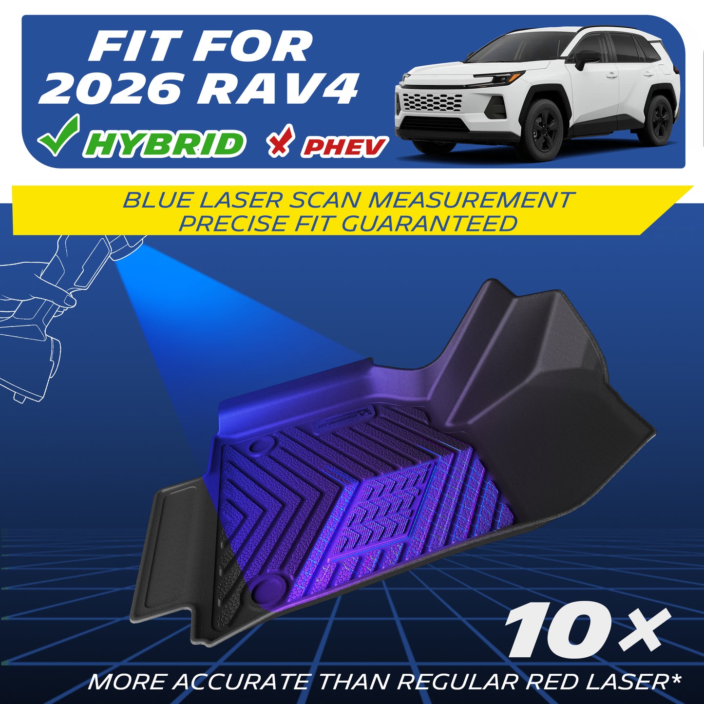 Michelin all-weather TPE floor mats, fits 2026 Toyota RAV4 Hybrid, blue laser scan measurement for precise fit, 10x more accurate than standard red laser, custom-fit guaranteed.