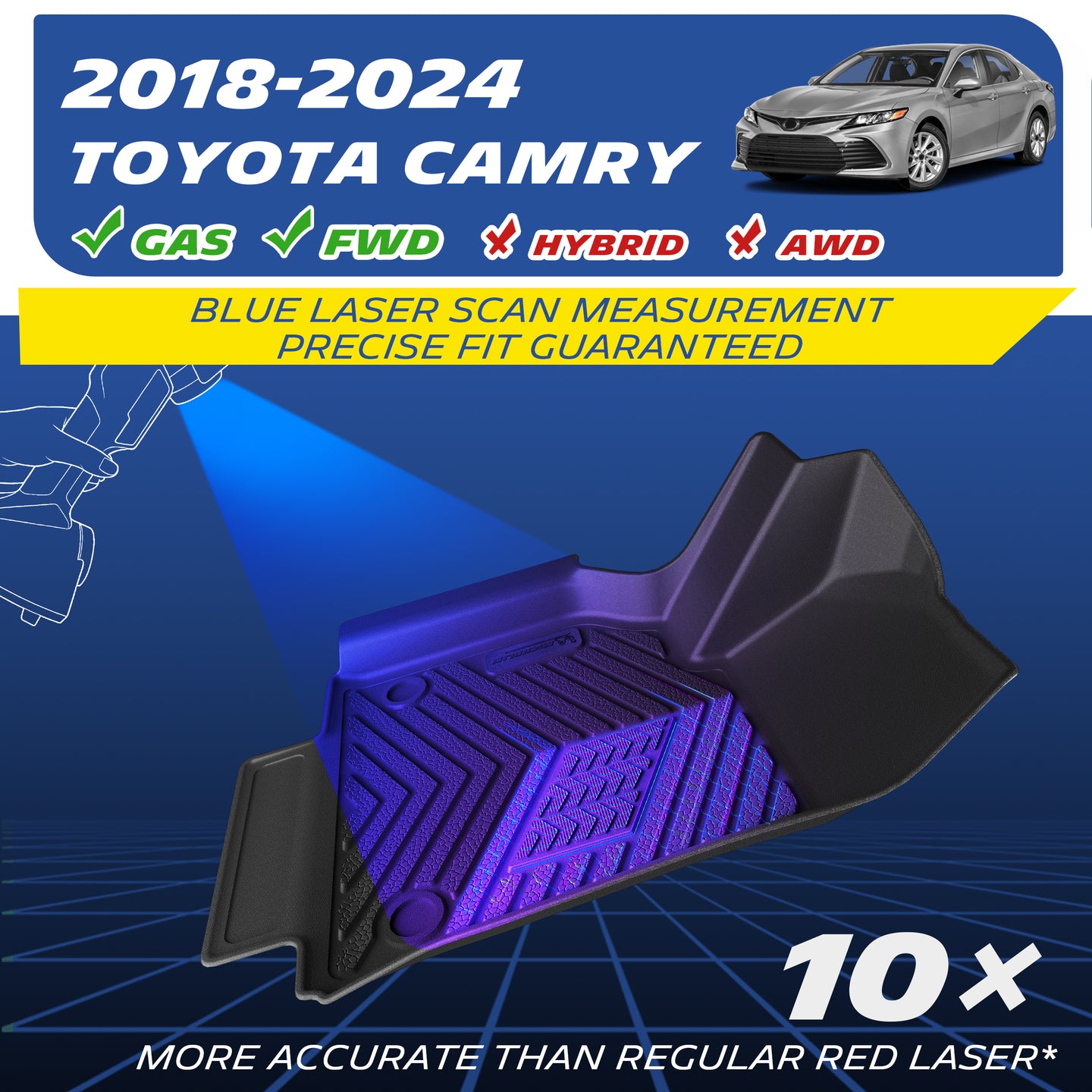 Custom TPE floor mat for 2018-2024 gas FWD Toyota Camry, blue laser scanning for precise fit