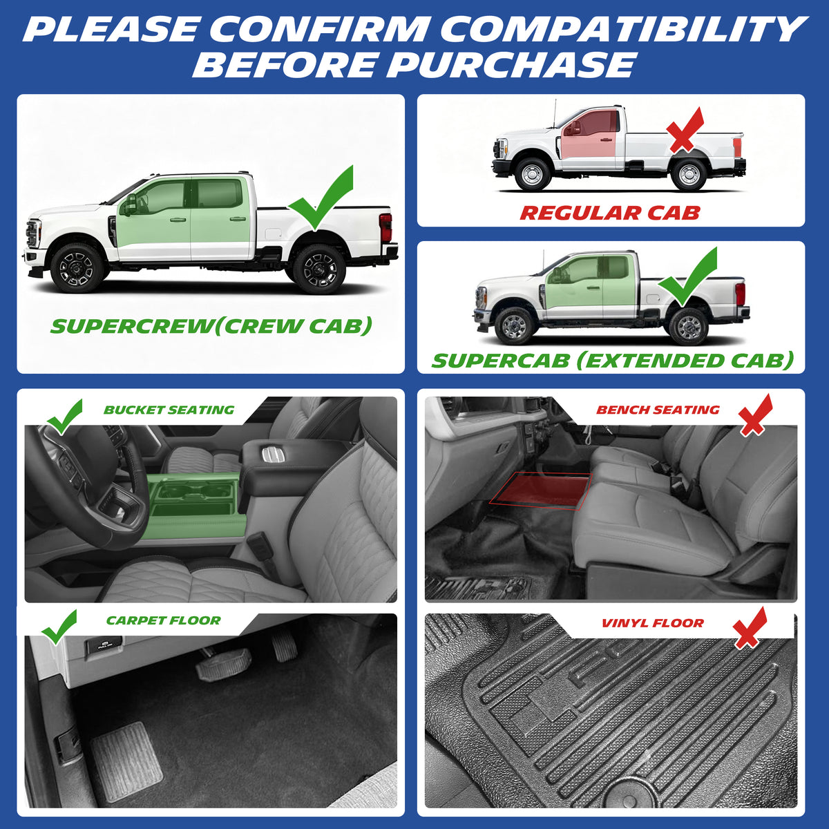 Check compatibility: fits SuperCrew and SuperCab with bucket seats and carpet floors.