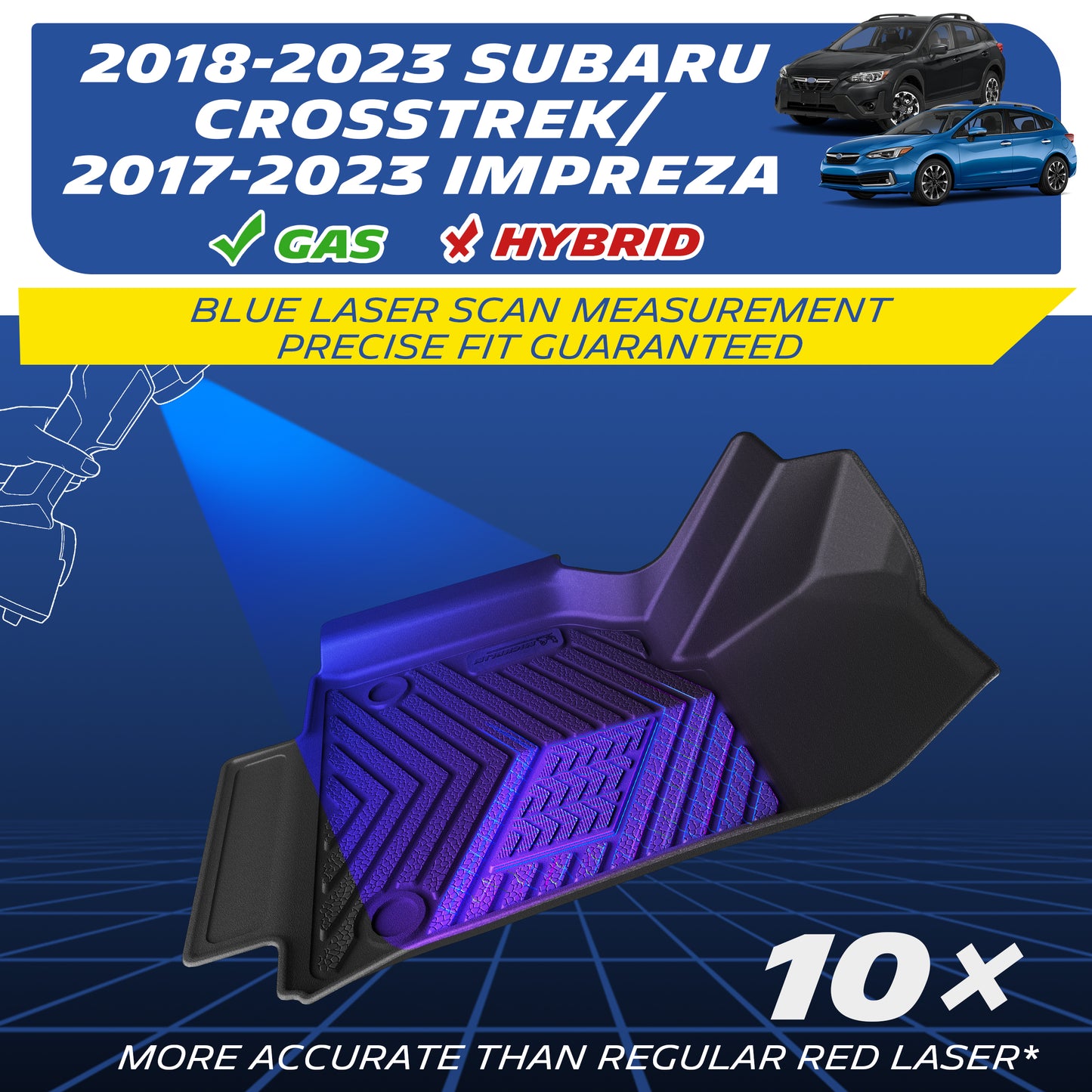 Fits gas-only Subaru Crosstrek & Impreza, blue laser scanned for ultra-precise fit