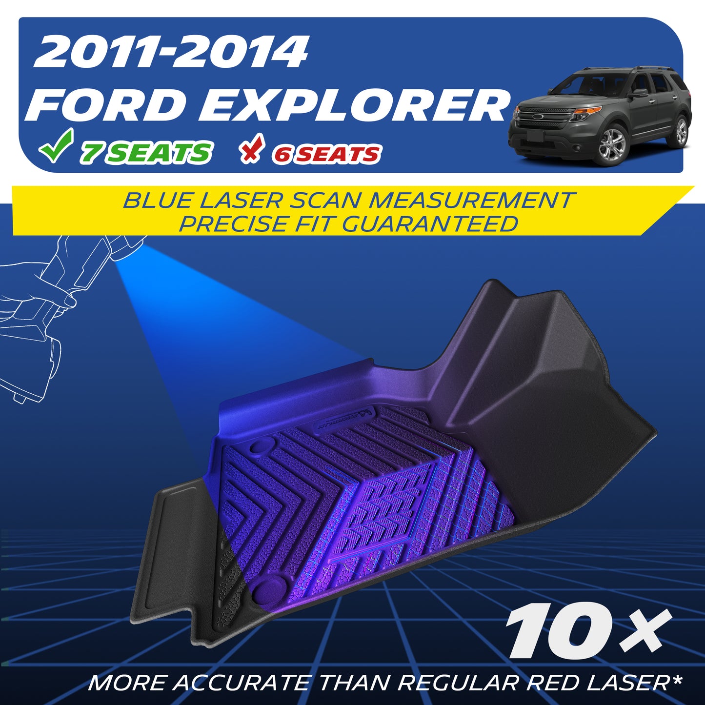 TPE floor mat for 2011-2014 Ford Explorer 7-seat model, blue laser scanned for precise fit.