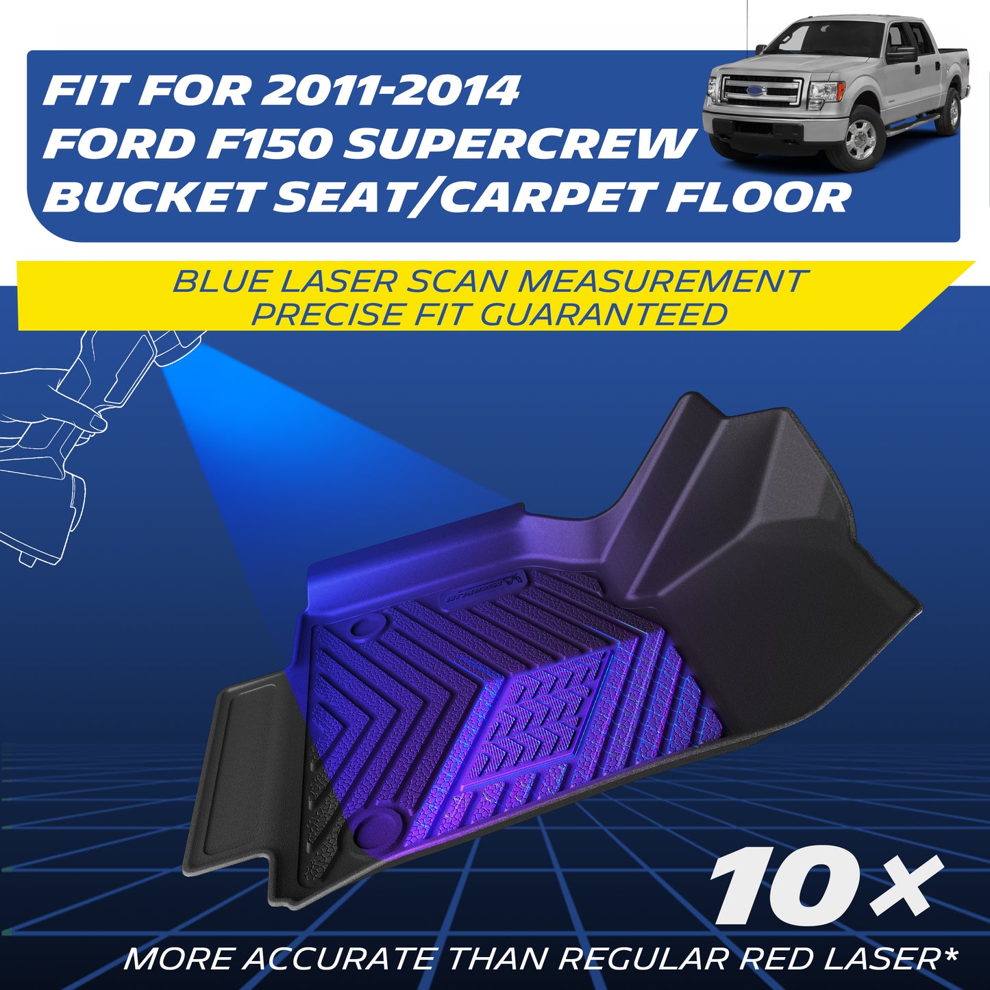 TPE floor mat for 2011-2014 Ford F150 SuperCrew with bucket seats and carpet floor, blue laser scanning for precise fit.