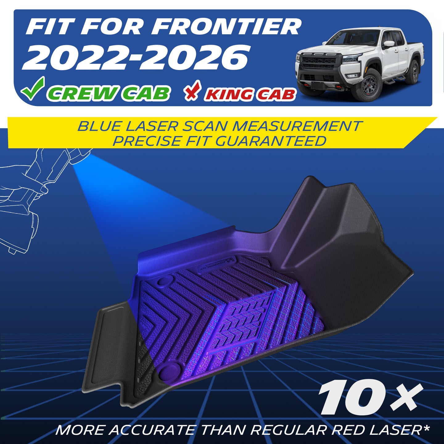 Michelin TPE all-weather floor mats, fits Nissan Frontier 2022-2026 Crew Cab and King Cab, blue laser scan measurement for precise fit, 10x more accurate than standard red laser, custom-fit guaranteed.