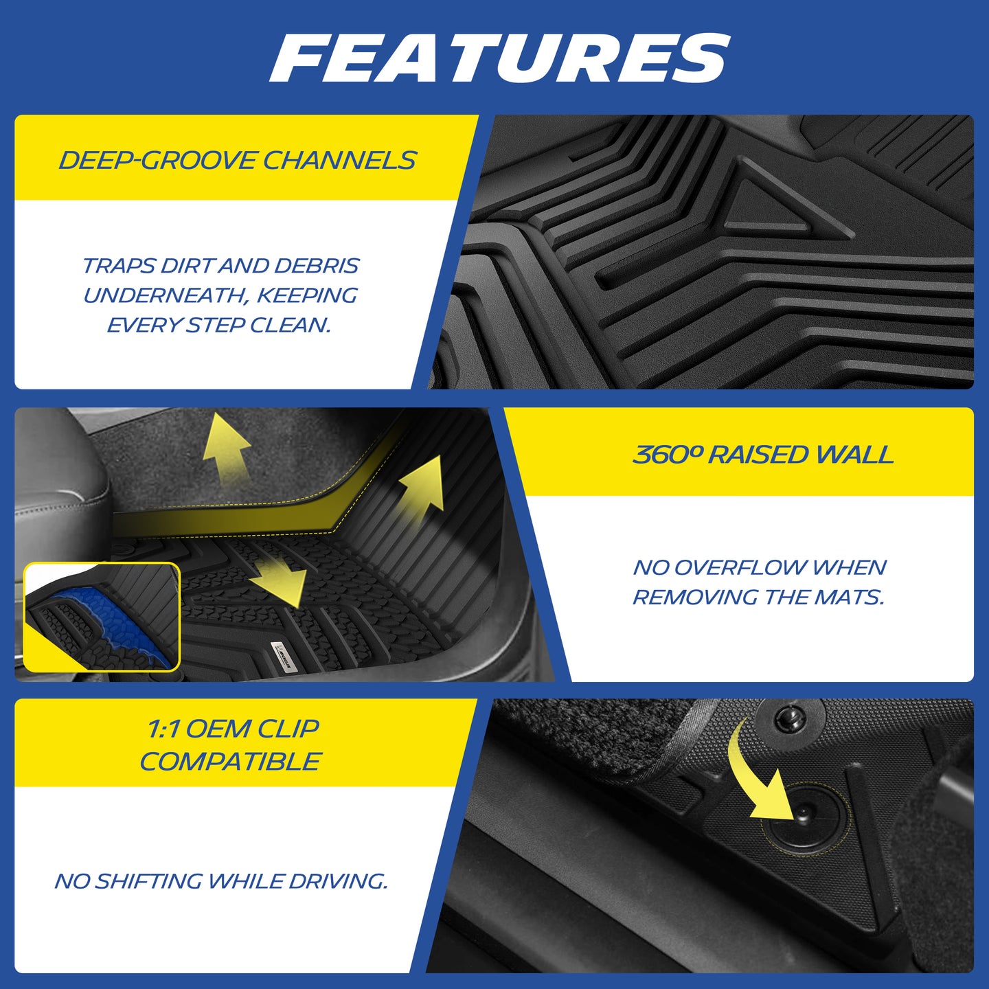 Michelin TPE floor mats deep-groove channels trap dirt and debris underneath keeping steps clean; 360° raised wall prevents overflow when removing mats; 1:1 OEM clip compatible prevents shifting while driving.