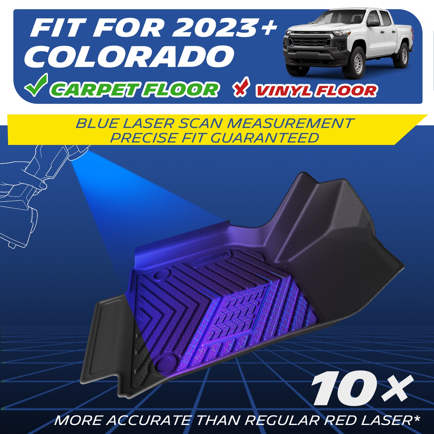 Custom-fit TPE floor mats for 2023+ Chevy Colorado, only fits carpet flooring. Blue laser scanning delivers 10x higher precision than standard red lasers.