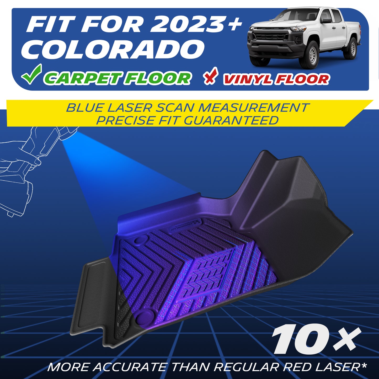 Custom-fit TPE floor mats for 2023+ Chevy Colorado, only fits carpet flooring. Blue laser scanning delivers 10x higher precision than standard red lasers.