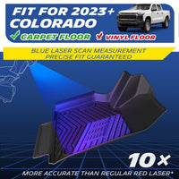 Custom-fit TPE floor mats for 2023+ Chevy Colorado, only fits carpet flooring. Blue laser scanning delivers 10x higher precision than standard red lasers.