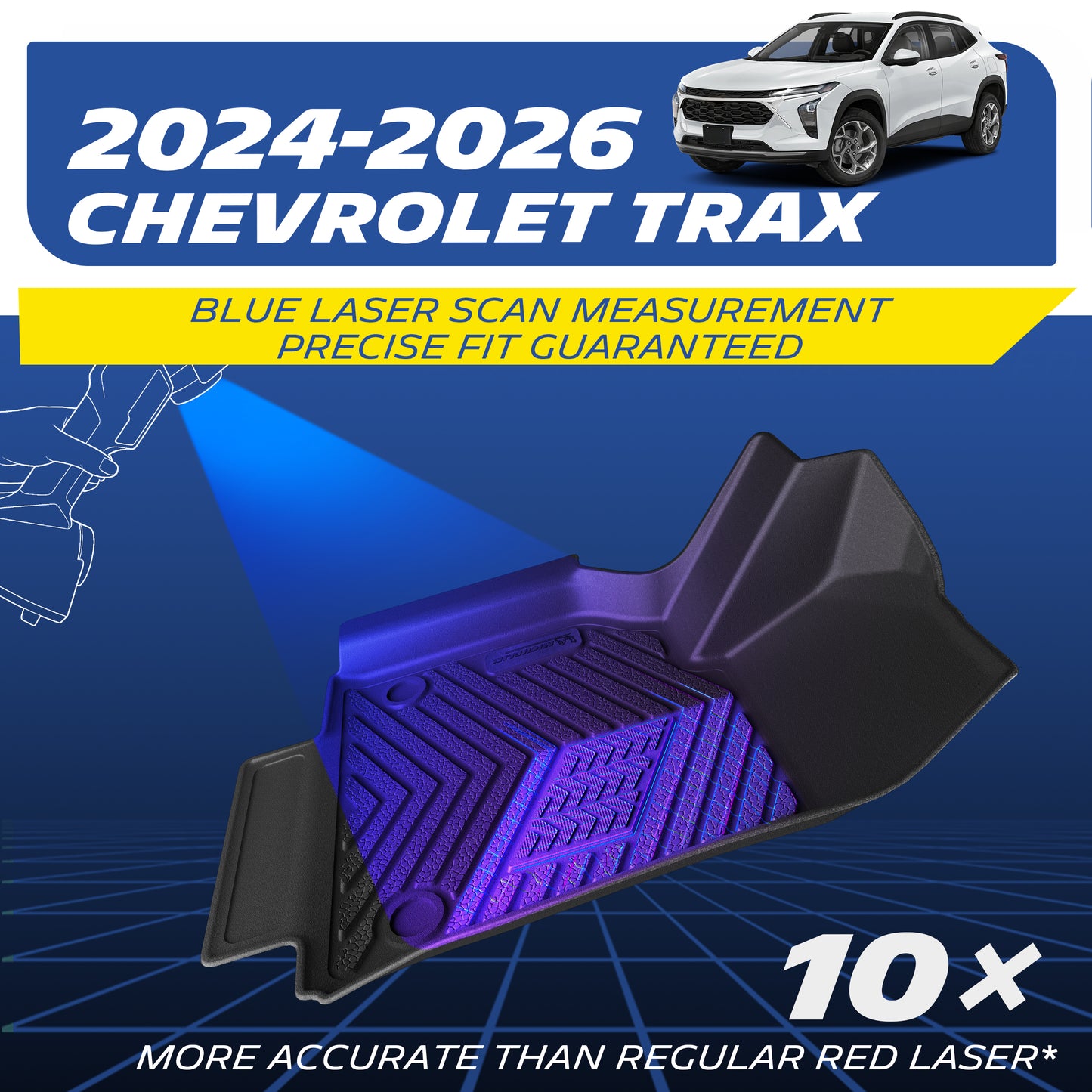 Custom-fit black TPE car floor mat exclusively designed for the 2024-2026 Chevrolet Trax. Engineered using advanced blue laser scan measurement technology, offering 10x more accuracy than standard red lasers for a guaranteed precise edge-to-edge fit.