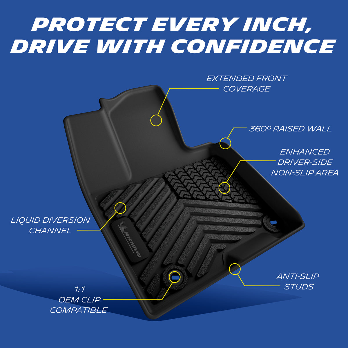 Michelin all-weather TPE floor mats, extended front coverage, 360° raised wall prevents overflow, enhanced driver-side non-slip area, liquid diversion channel, 1:1 OEM clip compatible with anti-slip studs, precise fit guaranteed.