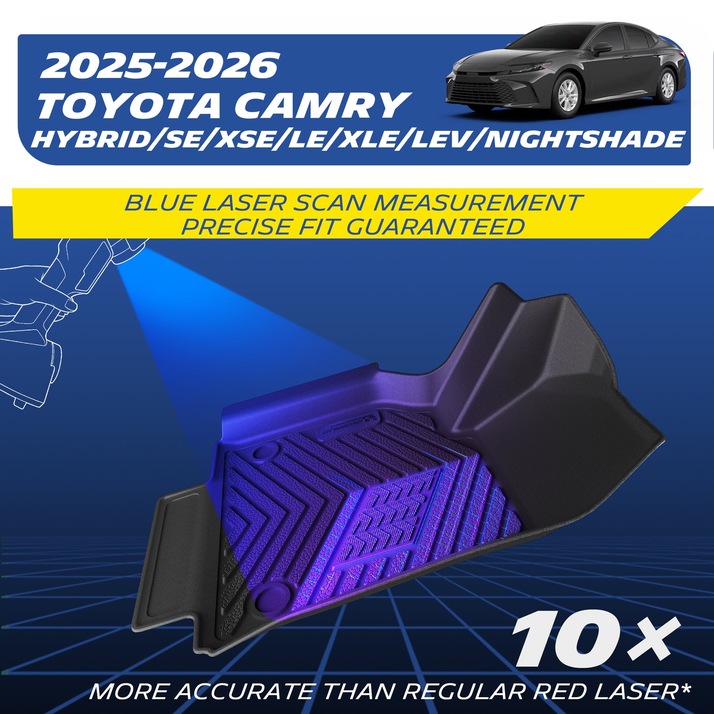 Custom TPE floor mat for 2025-2026 Toyota Camry, blue laser scanned precise fit
