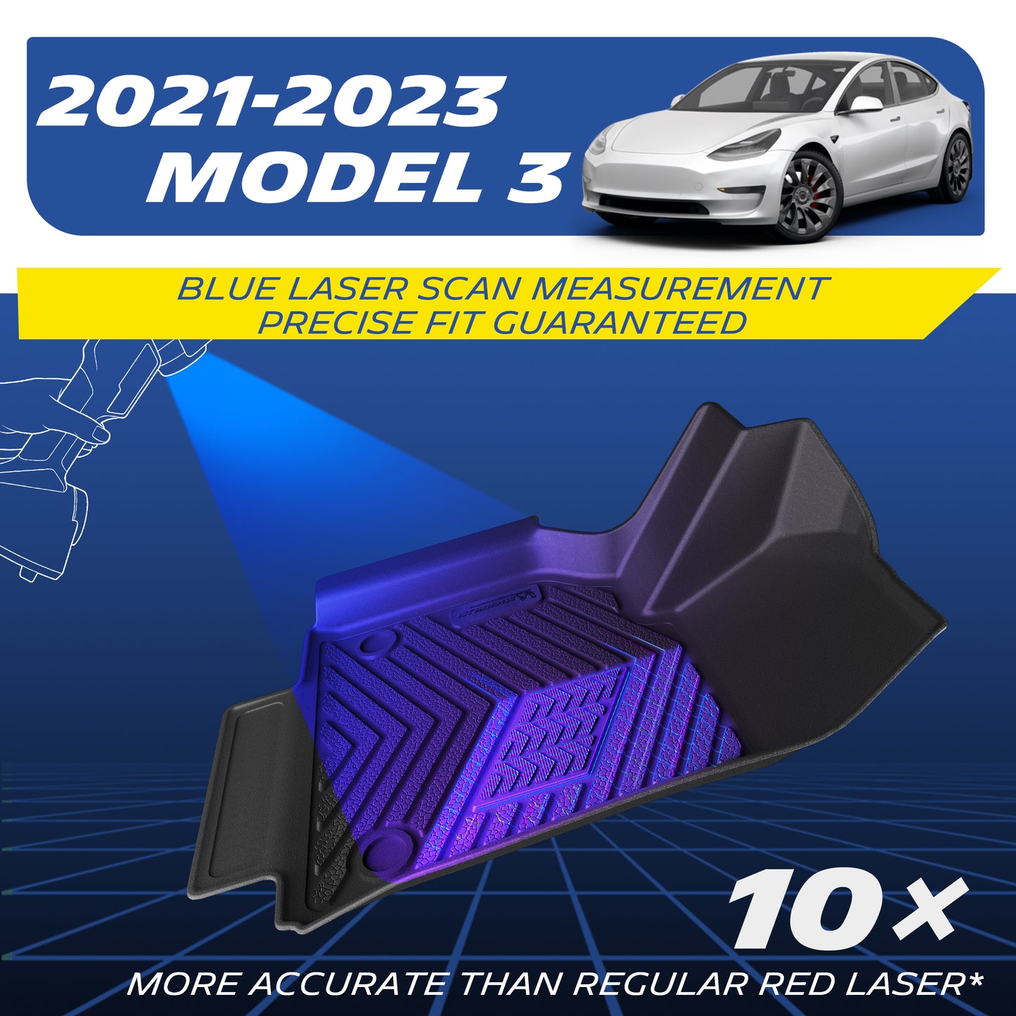 Michelin all-weather TPE floor mats, fits 2021-2023 Tesla Model 3, blue laser scan measurement for precise fit, 10x more accurate than standard red laser, custom-fit guaranteed.