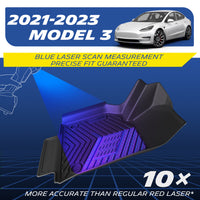 Michelin all-weather TPE floor mats, fits 2021-2023 Tesla Model 3, blue laser scan measurement for precise fit, 10x more accurate than standard red laser, custom-fit guaranteed.