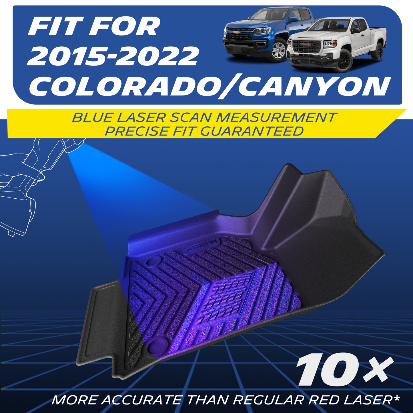 Custom fit Michelin TPE floor mats for 2015-2022 Chevrolet Colorado & GMC Canyon Crew Cab, scanned with precision blue laser measurement.