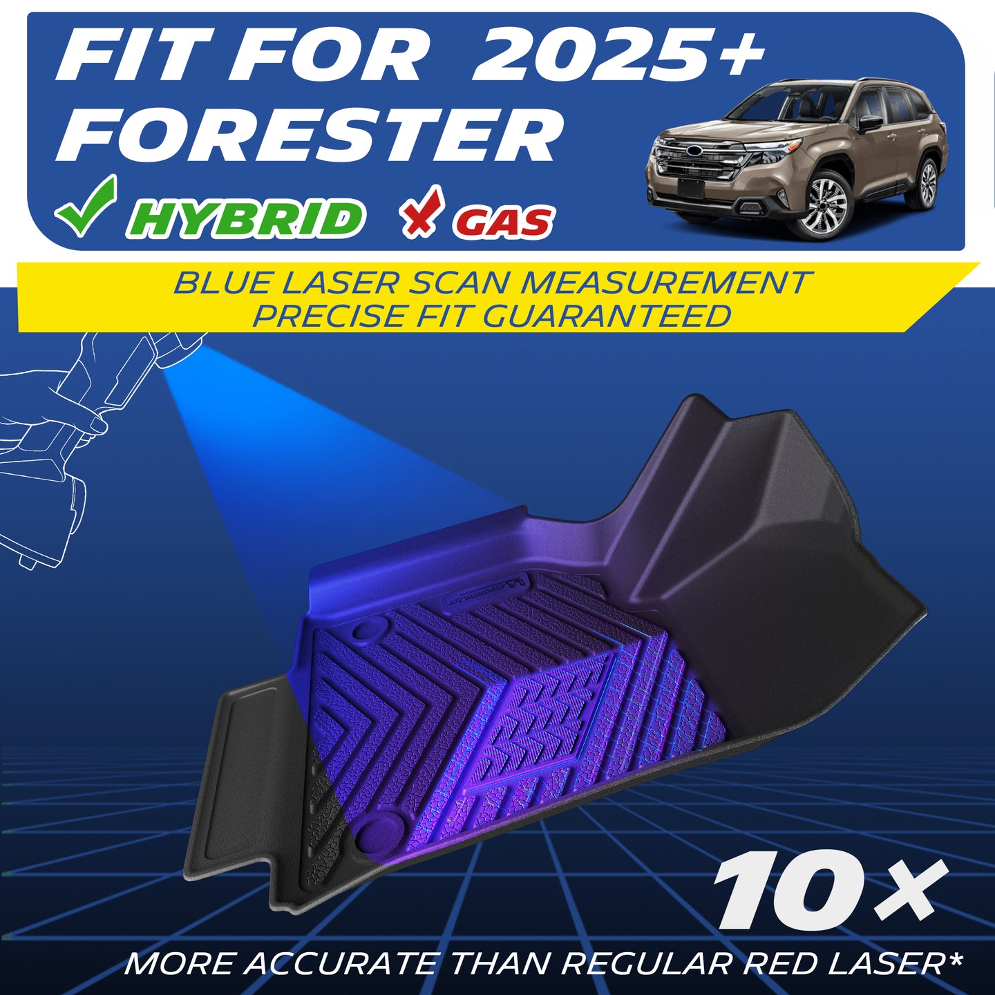 Custom Michelin floor mats fit for 2025+ Subaru Forester Hybrid only. Blue laser scanned for highly precise vehicle fit.