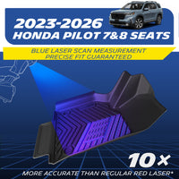 Custom-fit black TPE car floor mat exclusively designed for 2023-2026 Honda Pilot 7 and 8-seat models. Engineered using advanced blue laser scan measurement technology, offering 10x more accuracy than standard red lasers for a guaranteed precise edge-to-edge fit.
