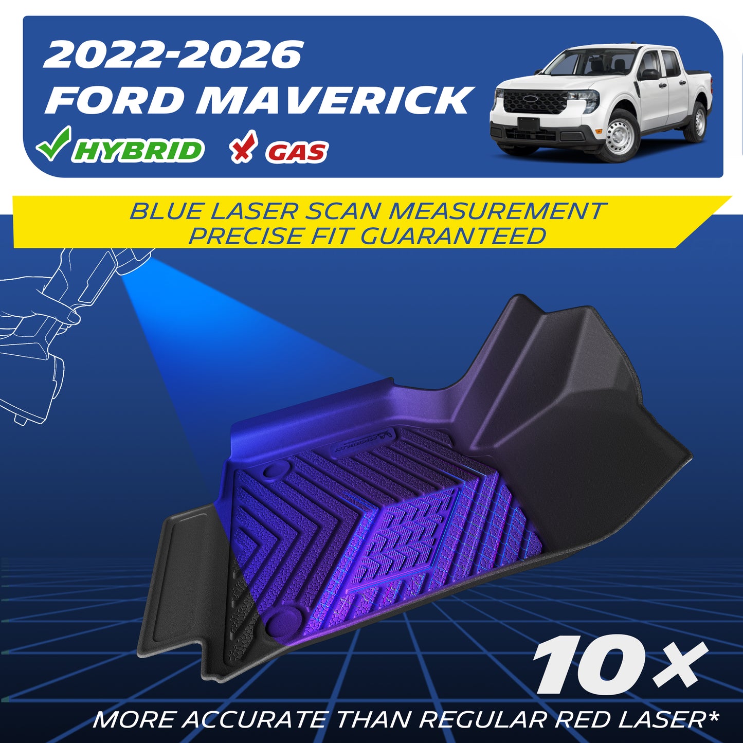 Michelin all-weather TPE floor mats, fits 2022-2026 Ford Maverick hybrid and gas models, blue laser scan measurement for precise fit, 10x more accurate than standard red laser, custom-fit guaranteed.