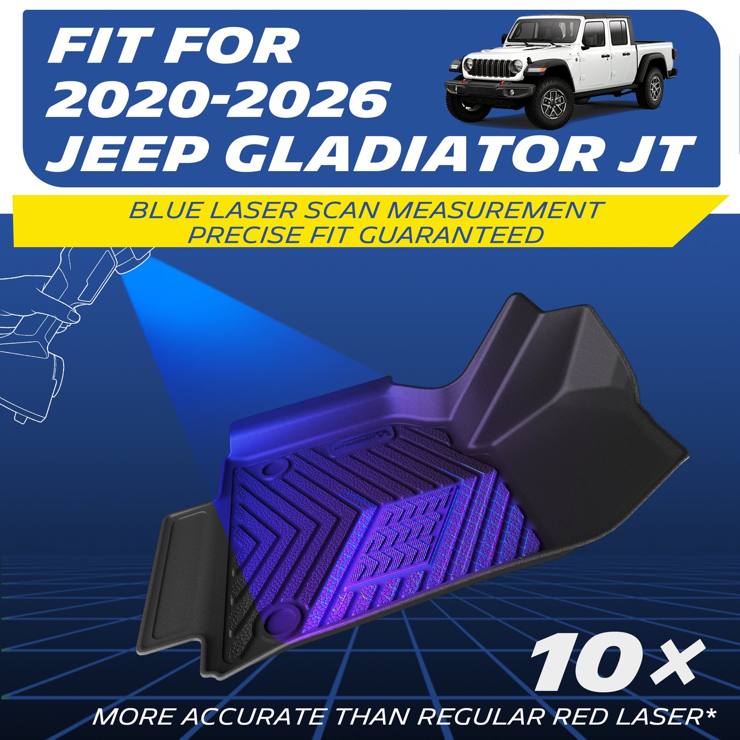 Michelin all-weather TPE floor mats, fits 2020-2026 Jeep Gladiator JT, blue laser scan measurement for precise fit, 10x more accurate than standard red laser, custom-fit guaranteed.