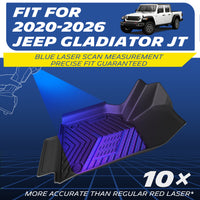 Michelin all-weather TPE floor mats, fits 2020-2026 Jeep Gladiator JT, blue laser scan measurement for precise fit, 10x more accurate than standard red laser, custom-fit guaranteed.