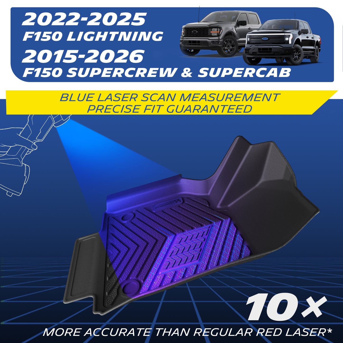 Custom TPE floor mat for 2015-2026 Ford F-150 SuperCrew/SuperCab & 2022-2025 F150 Lightning, blue laser precision scan