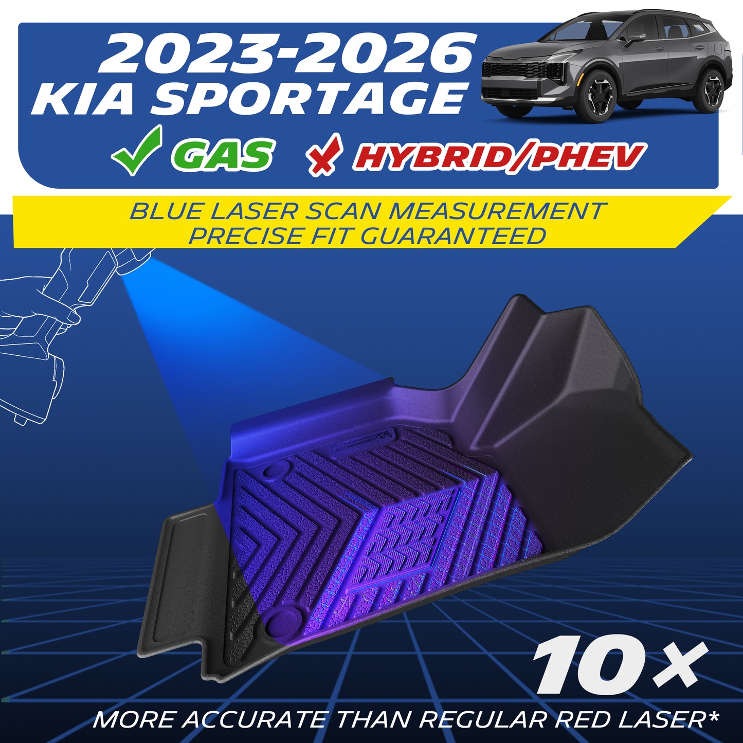 Michelin TPE floor mats for 2023-2026 gas-only Kia Sportage, blue laser scan precise fit graphic
