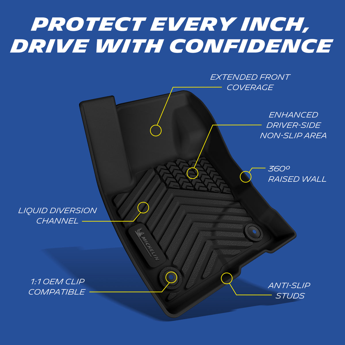 Michelin all-weather TPE floor mats, extended front coverage, 360° raised wall prevents overflow, enhanced driver-side non-slip area, liquid diversion channel, 1:1 OEM clip compatible with anti-slip studs, precise fit guaranteed.