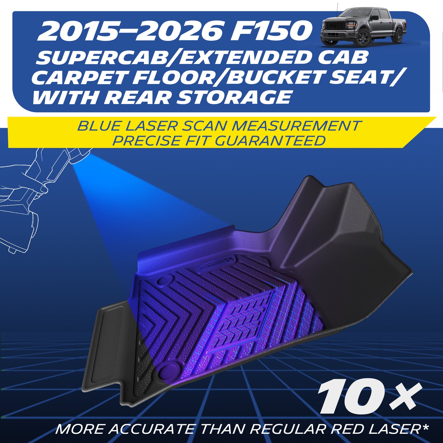 TPE floor mat for 2015-2026 Ford F150 SuperCab with carpet floor, laser scanned for precise fit.
