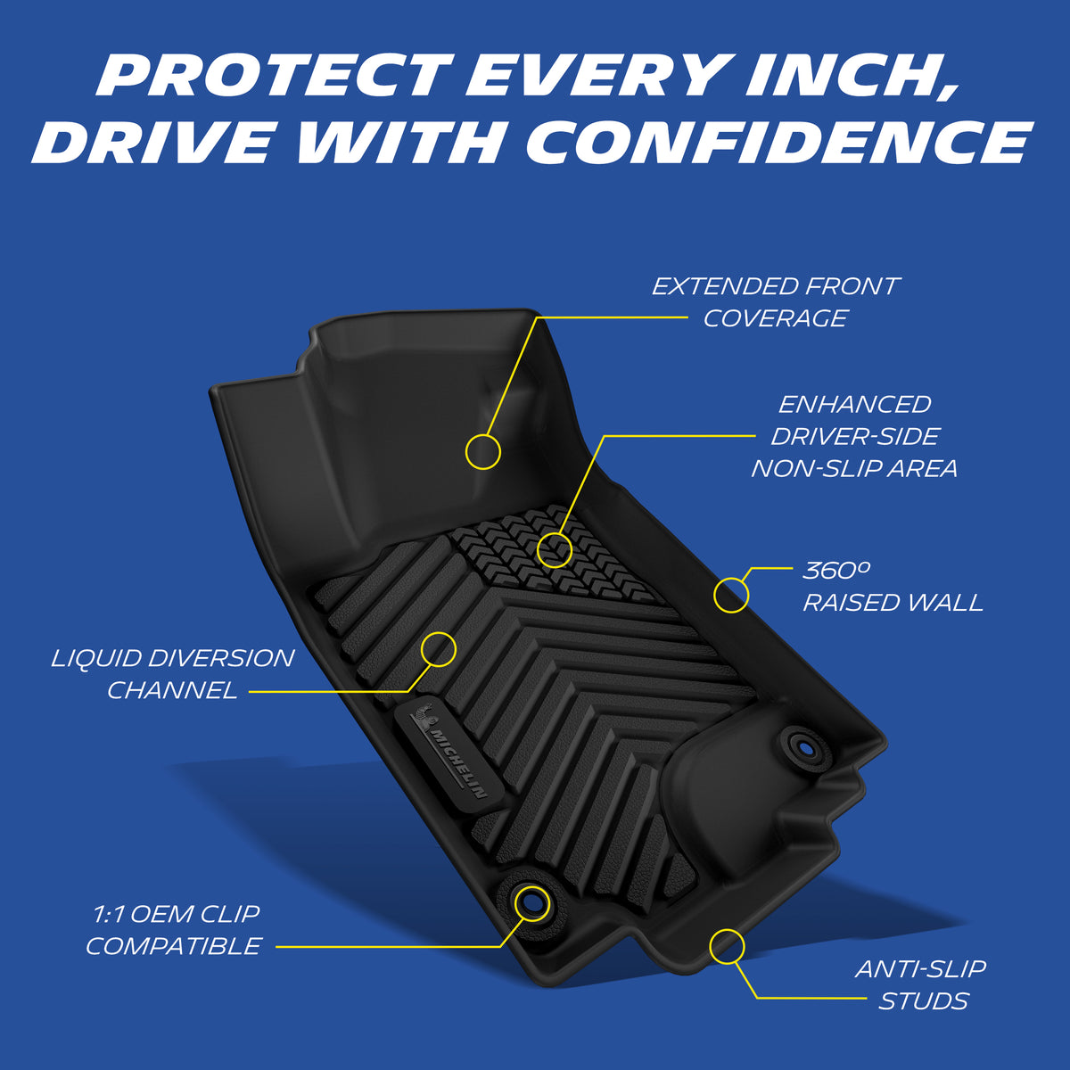 Michelin floor mat features: raised edges, anti-slip, OEM clips, liquid channels.