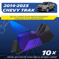 Custom-fit black TPE car floor mat exclusively designed for the 2014-2023 Chevy Trax. Engineered using advanced blue laser scan measurement technology, offering 10x more accuracy than standard red lasers for a guaranteed precise edge-to-edge fit.