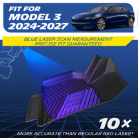 Custom-fit black TPE car floor mat exclusively designed for the 2024-2027 Tesla Model 3. Engineered using advanced blue laser scan measurement technology, offering 10x more accuracy than standard red lasers for a guaranteed precise edge-to-edge fit.