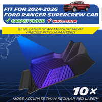 TPE floor mat for 2024-2026 Ford Ranger SuperCrew Cab, fits carpet floor only. Blue laser scanned for precise fit.