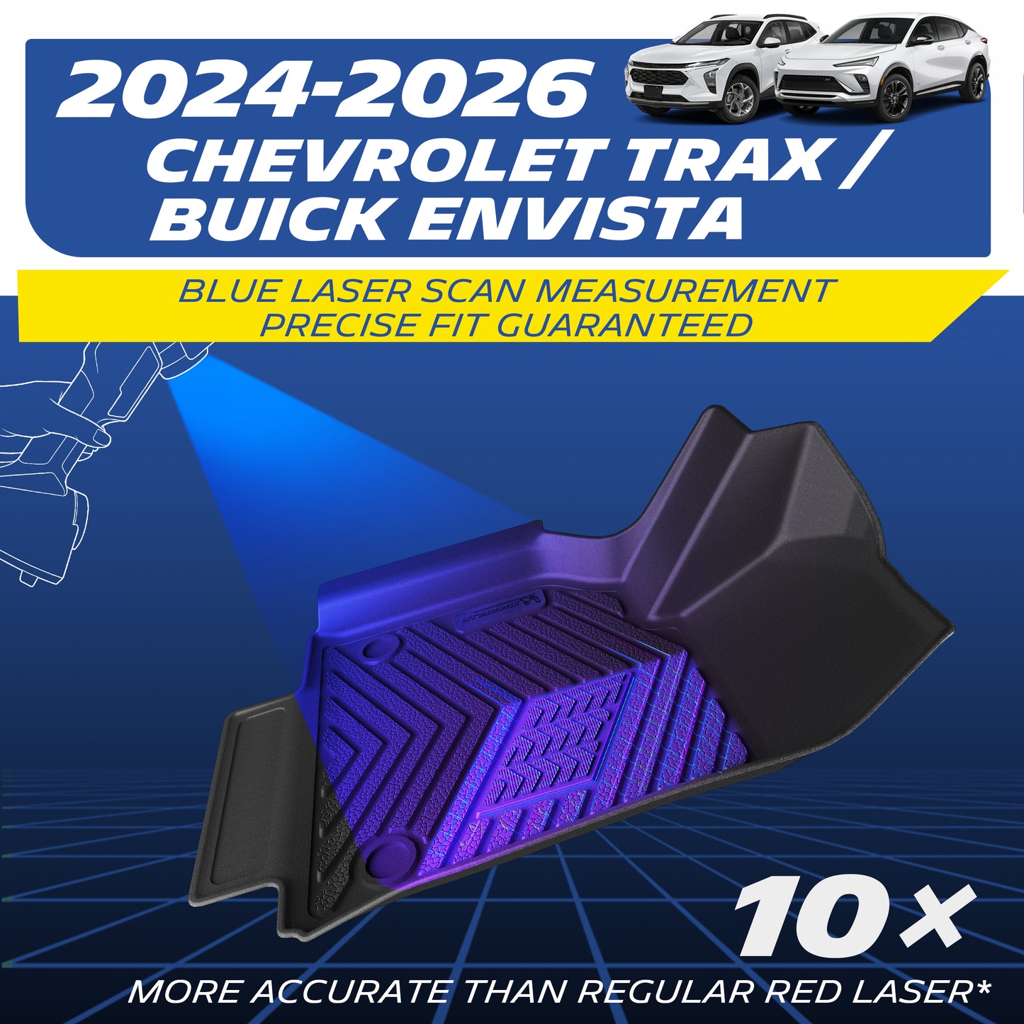 Custom-fit black TPE car floor mat designed for 2024-2026 Chevy Trax and Buick Envista. Engineered using advanced blue laser scan measurement technology, offering 10x more accuracy than standard red lasers for a guaranteed precise edge-to-edge fit.