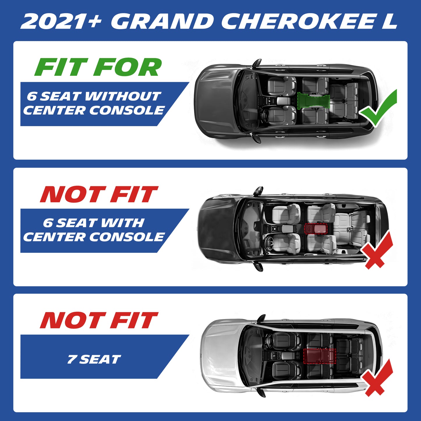 2021+ Jeep Grand Cherokee L floor mat fitment guide for 6-seat without center console only.