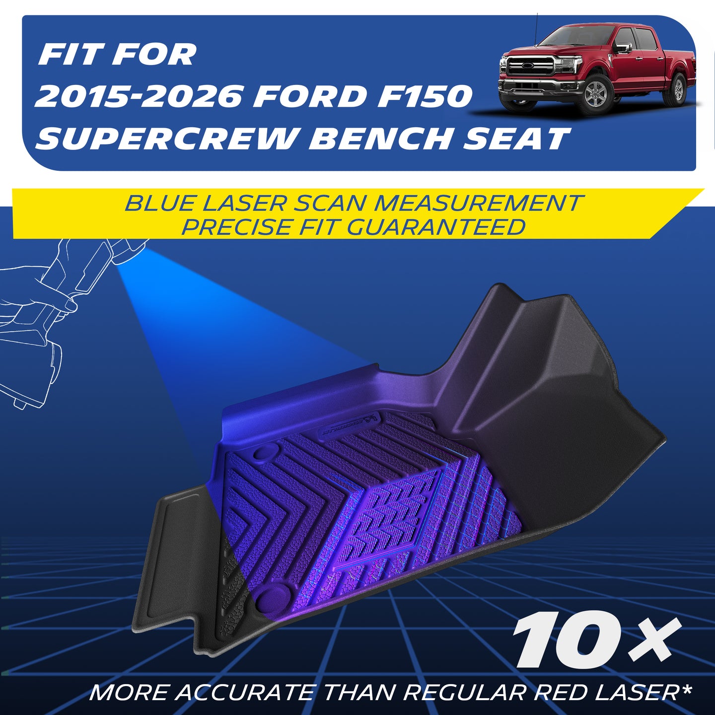 Blue laser scan TPE floor mat for 2015‑2026 Ford F‑150 SuperCrew bench seat

