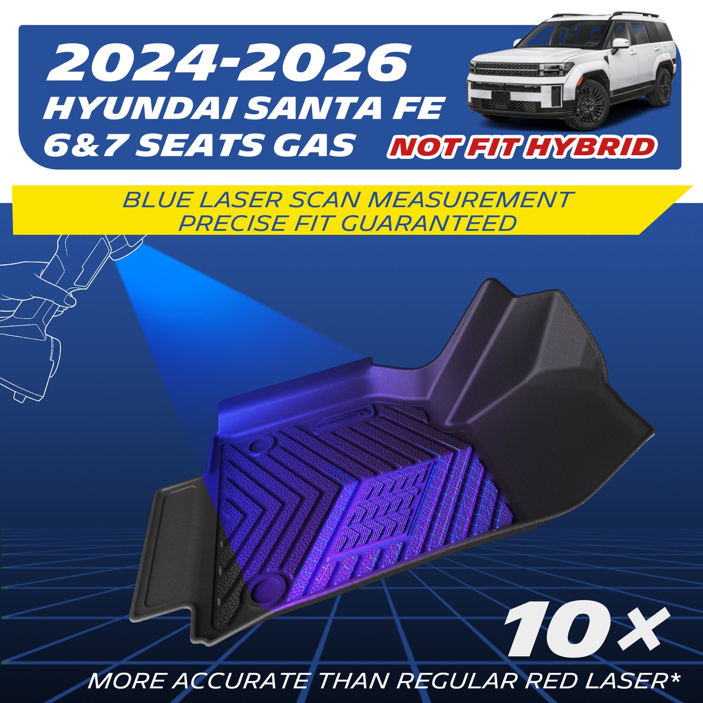 Michelin all-weather TPE floor mats, fits 2024-2026 Hyundai Santa Fe 6-seat and 7-seat gas models (not for hybrid), blue laser scan measurement for precise fit, 10x more accurate than standard red laser, custom-fit guaranteed.

