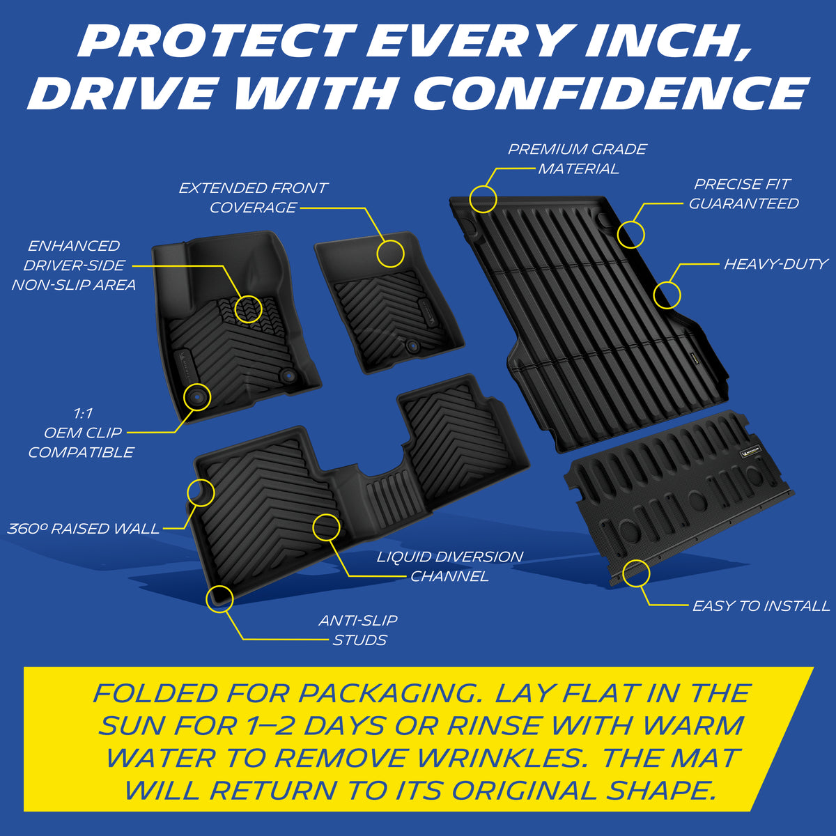 Michelin all-weather TPE floor mats and truck bed mat, enhanced driver-side non-slip area, extended front coverage, 360° raised wall prevents overflow, liquid diversion channel, 1:1 OEM clip compatible with anti-slip studs, premium grade heavy-duty material, precise fit guaranteed and easy to install.