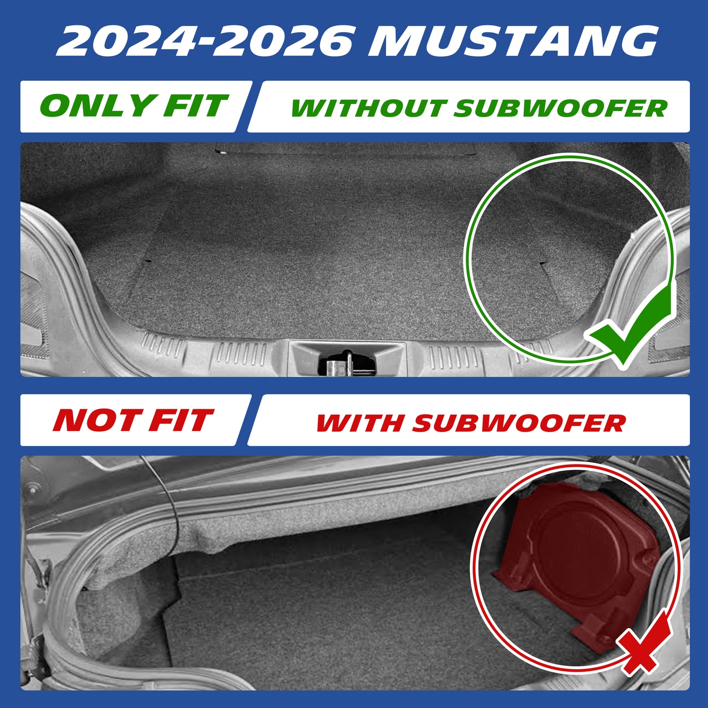 Fitment guide for 2024-2026 Mustang cargo mat, fits models without subwoofer only