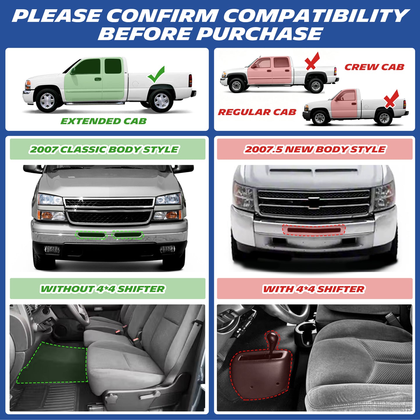 Chevrolet Silverado floor mats compatibility guide showing Double Cab fitment and vehicle configurations