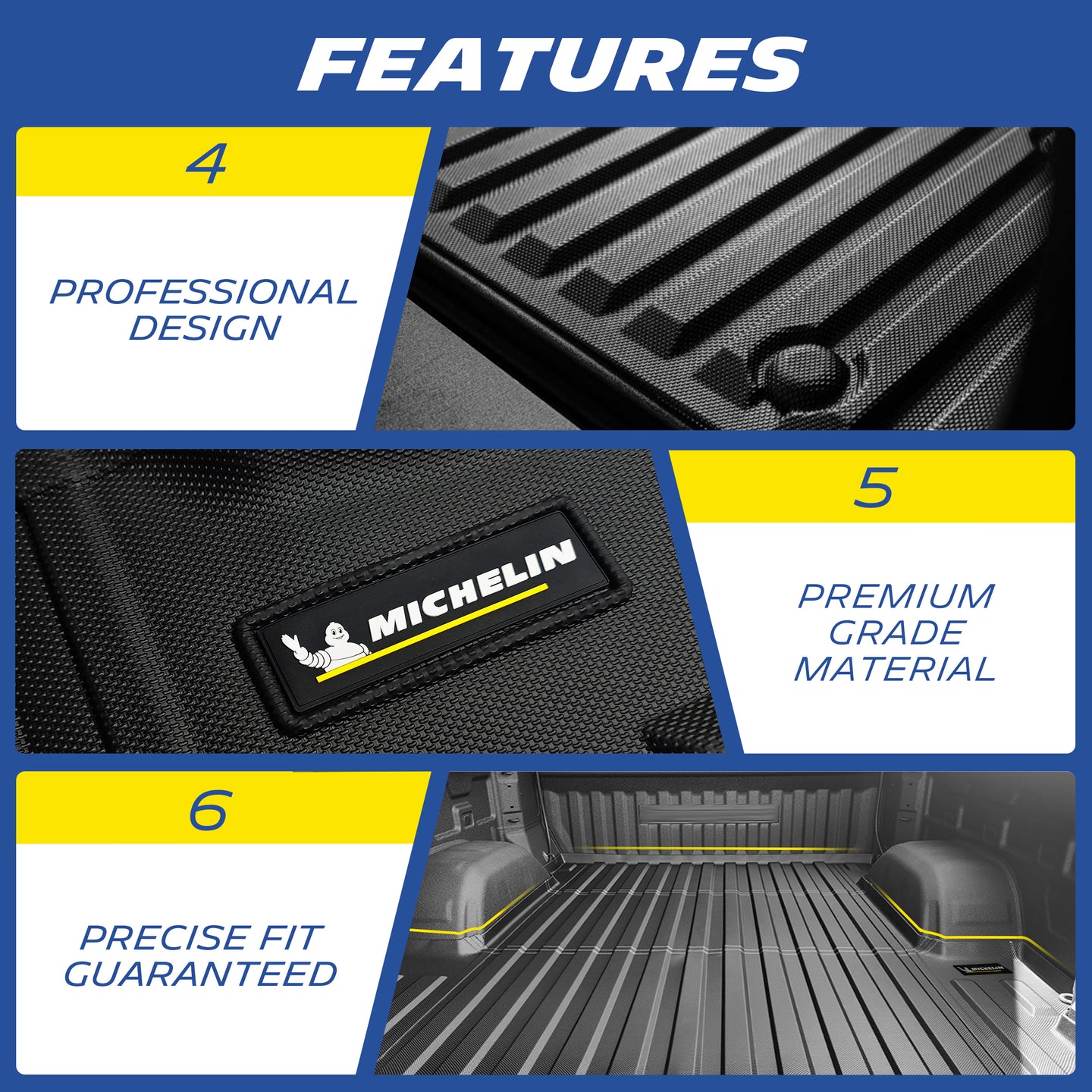 Michelin TPE truck bed mat three key advantages: professional design with precise fit, Michelin premium grade TPE material durable and eco-friendly, custom-fit guaranteed for no shifting.