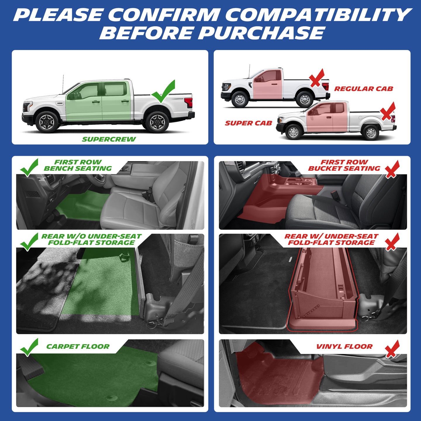 Ford F‑150 compatibility check chart, confirm cab & seat type before purchase
