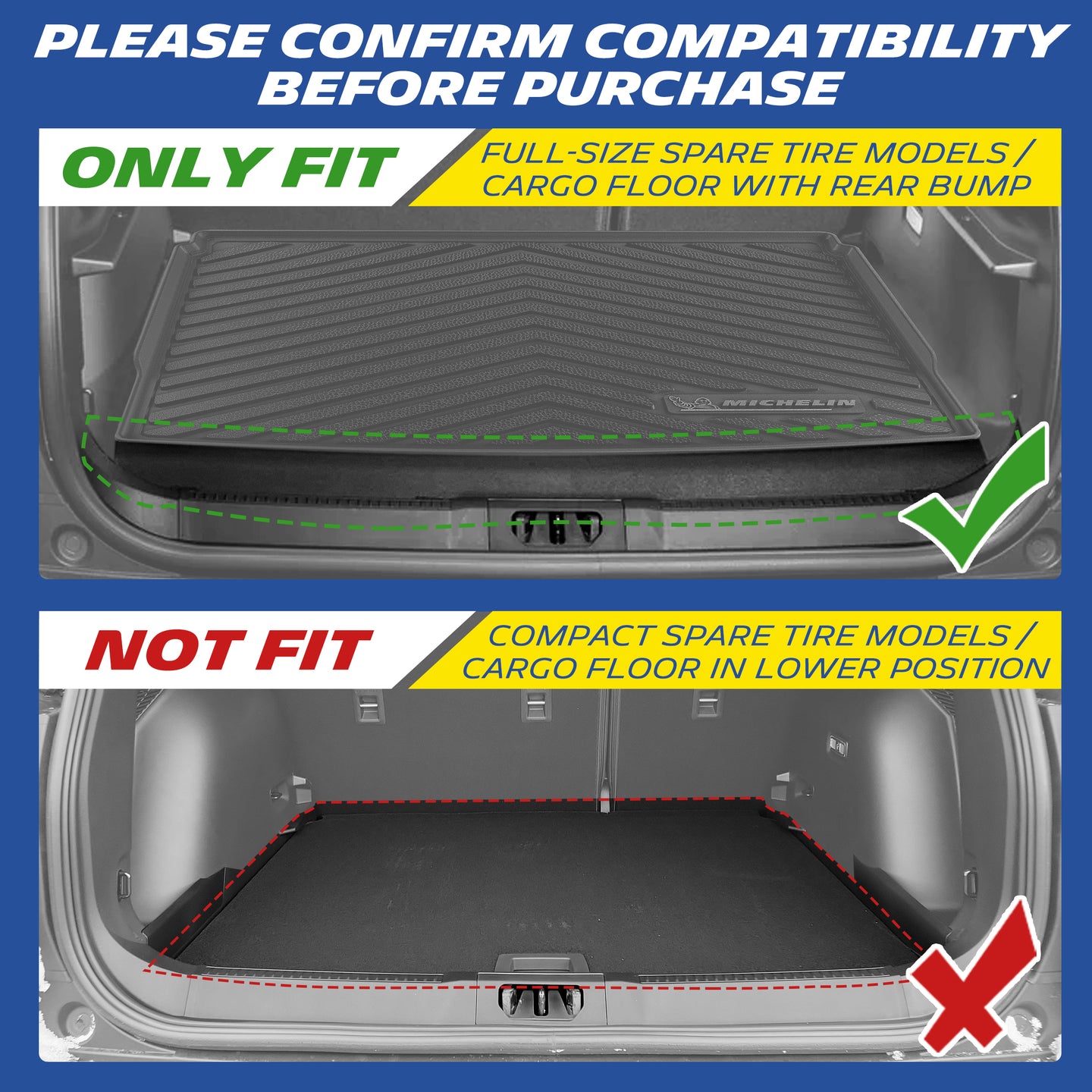 Michelin cargo liner compatibility guide showing full-size spare tire fitment and non-fitment for compact spare tire models