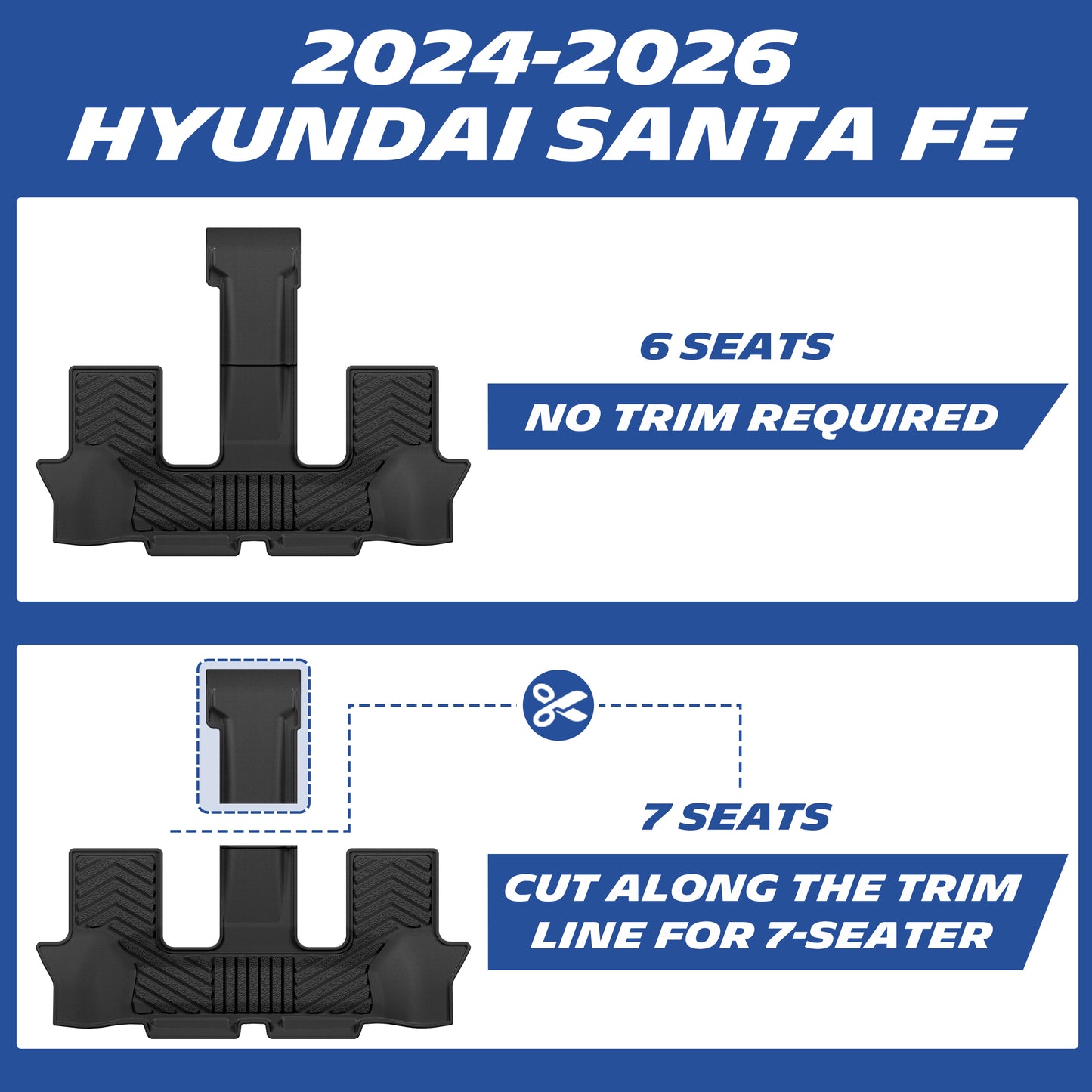 Michelin TPE floor mats for 2024-2026 Hyundai Santa Fe, 6-seat model requires no trimming for direct installation, 7-seat model requires cutting along the trim line for third-row seat fitment, custom-fit with flexible installation.