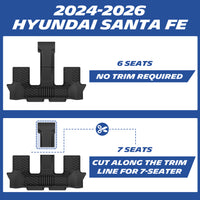 Michelin TPE floor mats for 2024-2026 Hyundai Santa Fe, 6-seat model requires no trimming for direct installation, 7-seat model requires cutting along the trim line for third-row seat fitment, custom-fit with flexible installation.