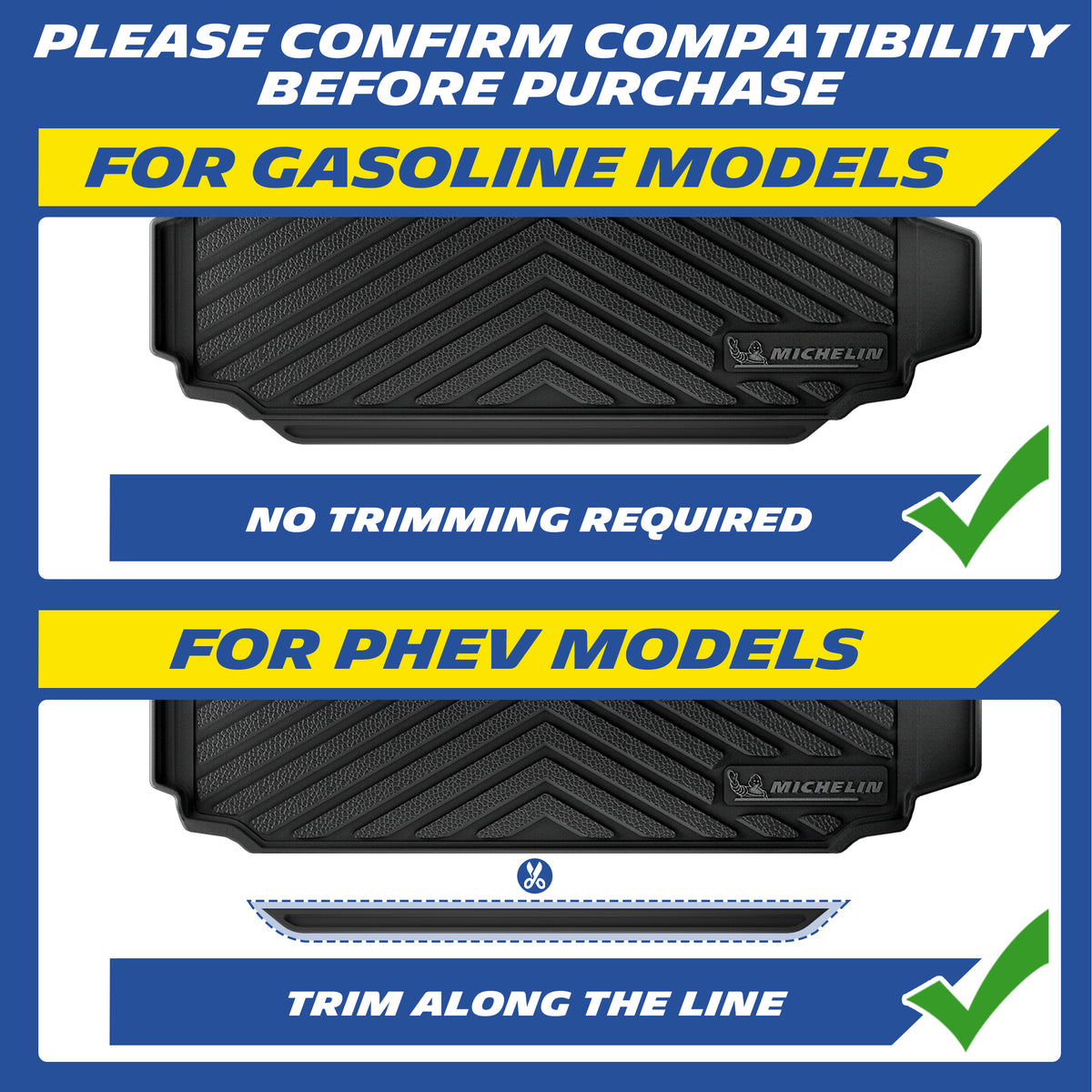Michelin mat compatibility guide for BMW X5 gas vs PHEV with trimming instruction