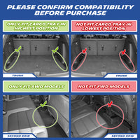 Compatibility check chart for Michelin car floor mats: fits cargo tray highest position & AWD models, incompatible with lowest cargo tray position and FWD vehicles, trunk and rear seat comparison diagrams