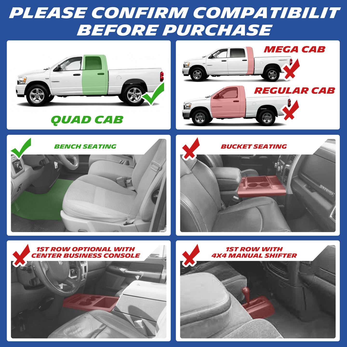 Michelin TPE floor mats, please confirm compatibility before purchase: available for Quad Cab, Bench Seat, with or without center business console and 4x4 manual shifter in first row.