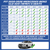 Fitment chart for 2020-2026 Mercedes-Benz GLE SUV (W167) 5-seat, excludes GLE Coupe and 7-seater third row.