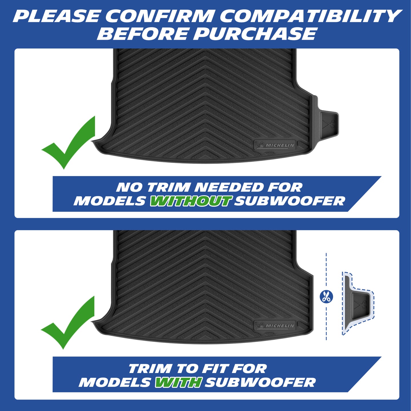 Michelin TPE trunk mat compatibility notice. No trimming required for vehicles without subwoofer; trim the mat to fit models equipped with subwoofer.